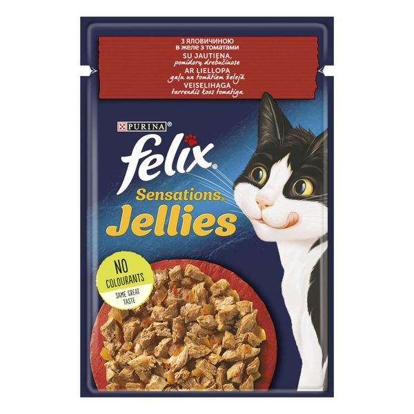 Вологий корм FELIX (Фелікс) Sensations Jellies для дорослих котів шматочки в желе з яловичиною та томатами 26 шт х 85 г 7613039831724 фото