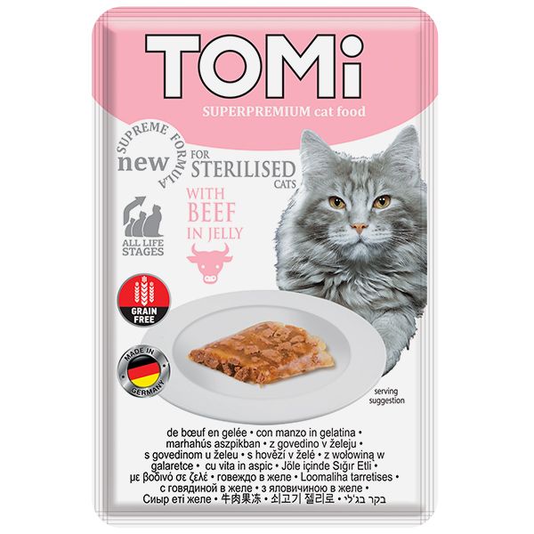 TOMi Sterilised Beef in Jelly ТОМІ СТЕРІЛАЙЗИД ЯЛОВИЧИНА В ЖЕЛЕ консерви для стерилізованих котів, вологий корм, пауч 85г , 0.085 кг. 157251 фото