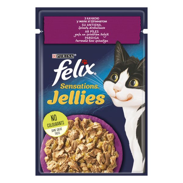 Вологий корм FELIX (Фелікс) Sensations Jellies для дорослих котів шматочки в желе з качкою та шпинатом 26 шт х 85 г 7613039831281 фото