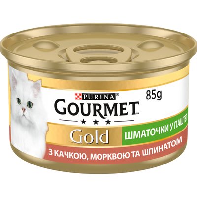 Вологий корм GOURMET Gold (Гурме Голд) для дорослих котів шматочки у паштеті з качкою, морквою та шпинатом 24 шт х 85 г 7613033728778 фото