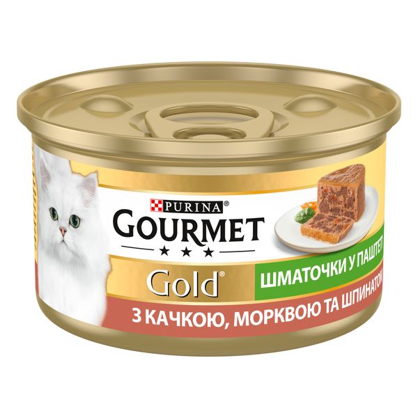 Вологий корм GOURMET Gold (Гурме Голд) для дорослих котів шматочки у паштеті з качкою, морквою та шпинатом 24 шт х 85 г 7613033728778 фото