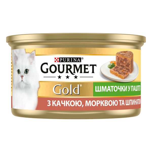 Вологий корм GOURMET Gold (Гурме Голд) для дорослих котів шматочки у паштеті з качкою, морквою та шпинатом 24 шт х 85 г 7613033728778 фото