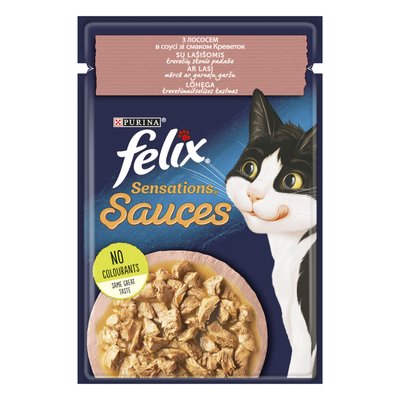 Вологий корм FELIX (Фелікс) Sensations Sauces для дорослих котів шматочки з лососем в соусі зі смаком креветок 26 шт х 85 г 7613039836026 фото