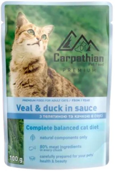 Упаковка вологого корму для кішок Carpathian Pet Food з телятиною і качкою в соусі 100 г х 24 шт 4820111141364 фото