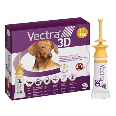 Ceva VECTRA 3D (Вектра 3D) краплі на холку для собак від 1,5 до 4 кг (від зовнішніх паразитів),
3 піпетки/уп по 0,8 мл 3411112281565 фото