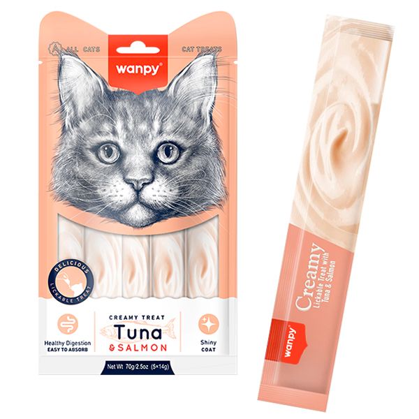 Wanpy (Ванпі) Тунець з лососем Creamy Lickable Treats Tuna & Salmon - рідкі ласощі для котів, 0.07 кг, в пакунку 5 стіків по 14 г RA-52 фото