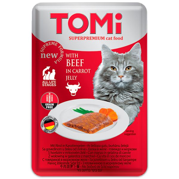 TOMi Beef in Carrot Jelly ТОМІ ЯЛОВИЧИНА В МОРКВЯНОМУ ЖЕЛЕ консерви для котів, вологий корм, пауч 100г , 0.1 кг. 490860 фото