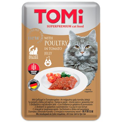 TOMi Poultry In Tomato Jelly ТОМІ ПТИЦЯ В ТОМАТНОМУ ЖЕЛЕ консерви для котів, вологий корм, пауч 100г , 0.1 кг. 490884 фото