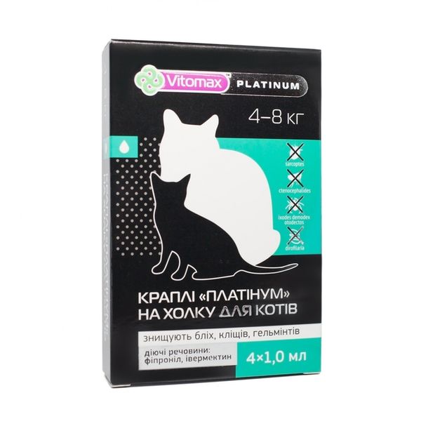 Краплі Platinum Vitomax на холку проти бліх, кліщів та гельмінтів для котів 4-8 кг, 1 мл (4 піпетки) VMX20112 фото