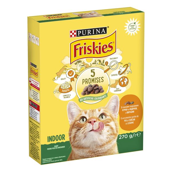 Сухий корм FRISKIES (Фріскіс) Indoor для дорослих котів що постійно перебувають у приміщенні з куркою та індичкою, з овочами 270 г 7613035351820 фото