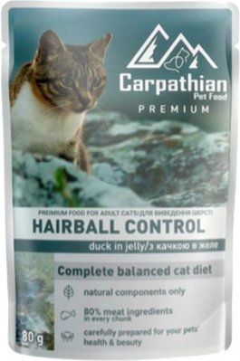 Упаковка вологого корму для кішок Carpathian Pet Food Hairball control в желе з качкою 80 г х 24 шт 4820111141371 фото