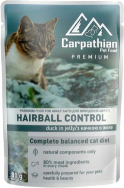 Упаковка вологого корму для кішок Carpathian Pet Food Hairball control в желе з качкою 80 г х 24 шт 4820111141371 фото