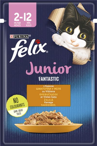 Вологий корм FELIX (Фелікс) Fantastic Junior для кошенят шматочки в желе з куркою 26 шт х 85 г 7613039832189 фото